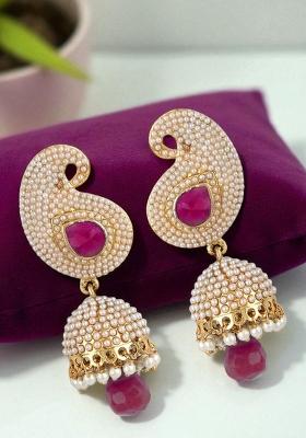 Paisley Purple Kundan And Pearl Studded Gold Plated Brass Drop Jhumka Earring