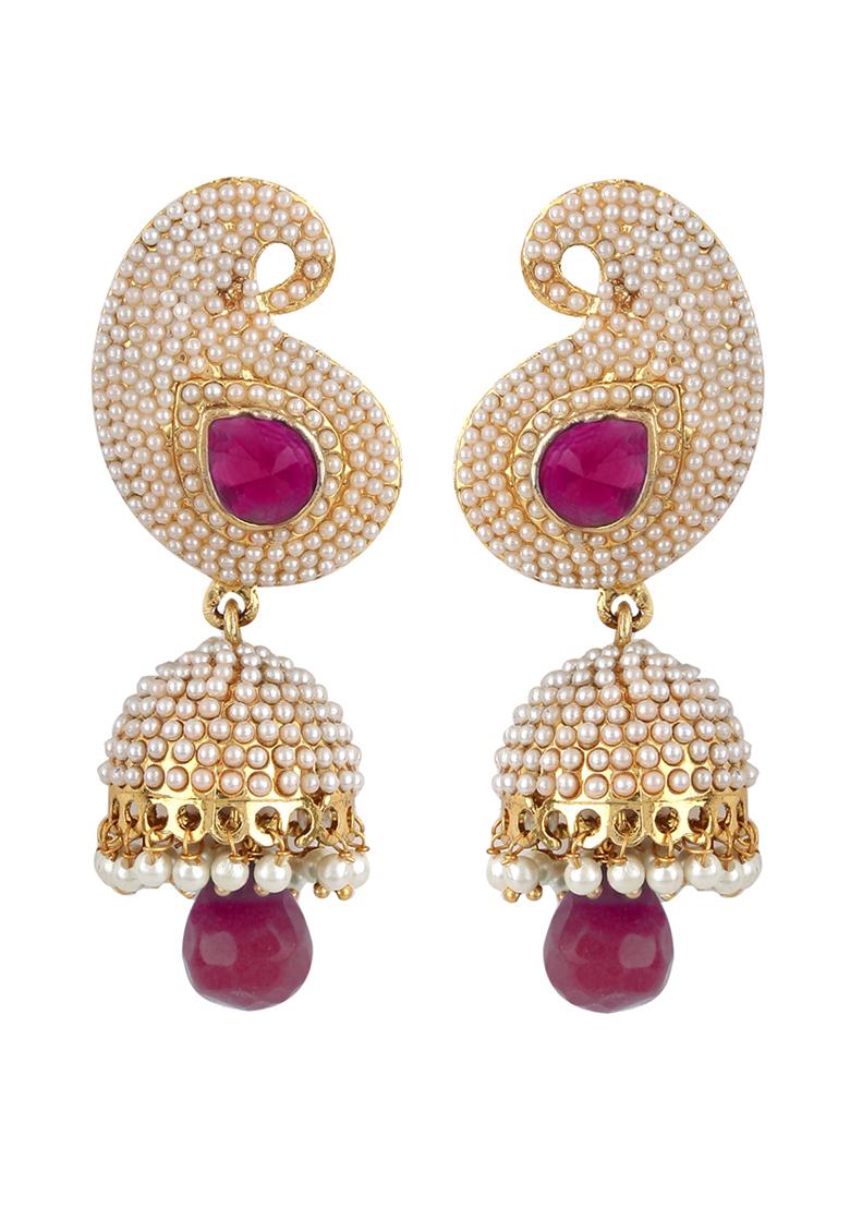 Paisley Purple Kundan And Pearl Studded Gold Plated Brass Drop Jhumka Earring - Indya