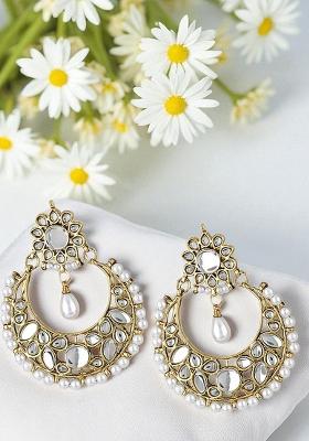 Trendy White Stone Studded Gold Plated Enamelled Drop Chandbali Earring