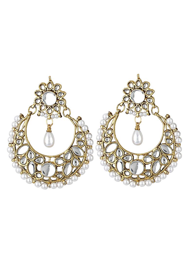Trendy White Stone Studded Gold Plated Enamelled Drop Chandbali Earring - Indya