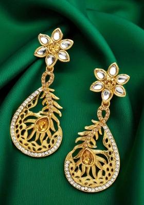 Stylish Gold Plated Cubic Zircornia Studded Floral Drop Earrings