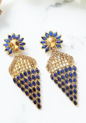 Blue Cubic Zircornia Studded And Gold Plated Enamelled Drop Earring