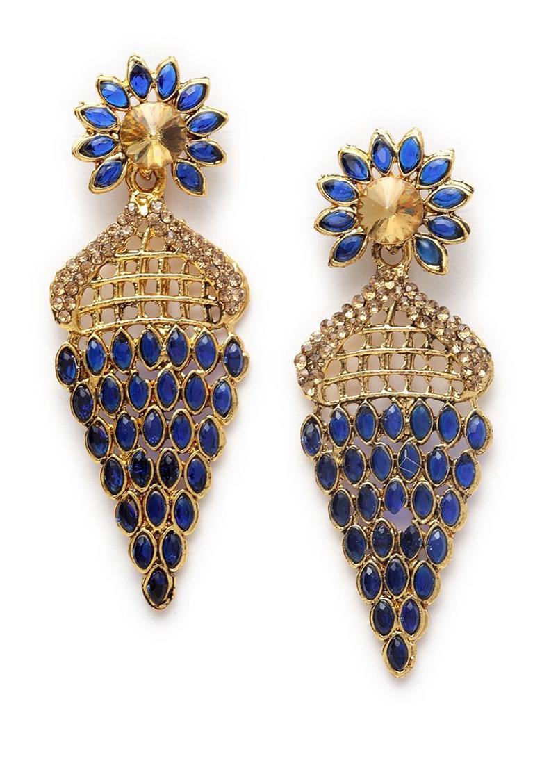 Blue Cubic Zircornia Studded And Gold Plated Enamelled Drop Earring - Indya