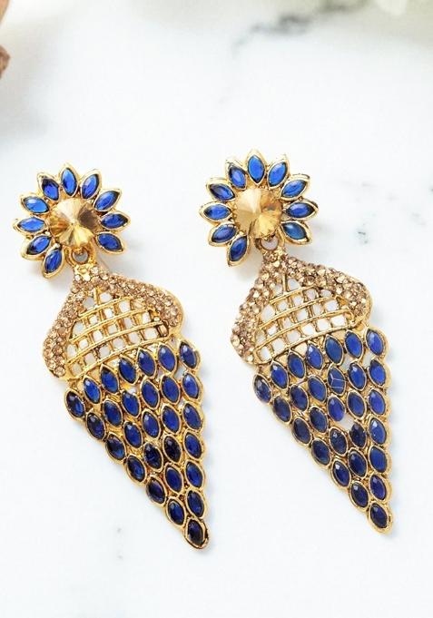 Blue Cubic Zircornia Studded And Gold Plated Enamelled Drop Earring