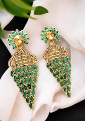 Green Cubic Zircornia Studded And Gold Plated Enamelled Drop Earring