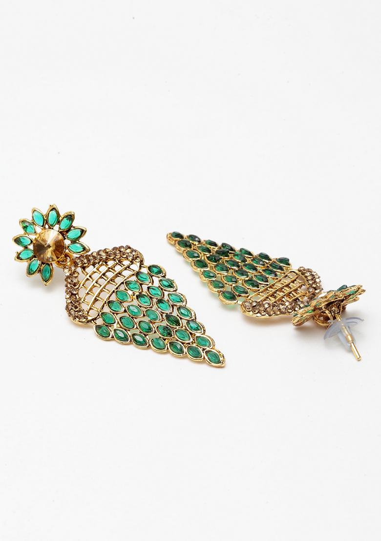 Green Cubic Zircornia Studded And Gold Plated Enamelled Drop Earring - Indya