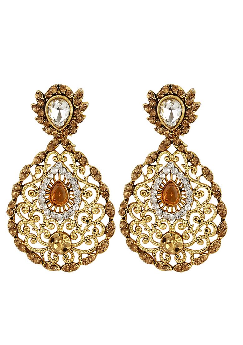 Antique Style Gold Plated Cubic Zircornia Studded Drop Shaped Drop Earring - Indya