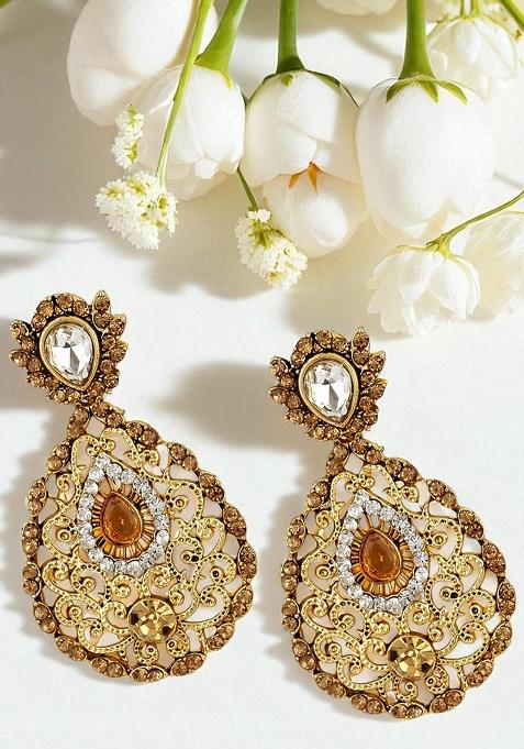 Antique Style Gold Plated Cubic Zircornia Studded Drop Shaped Drop Earring