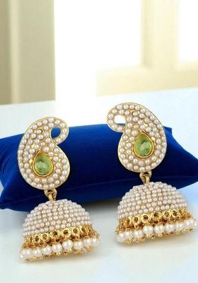Trendy Green Stone And Pearls Studded Gold Plated Jhumka Drop Earring