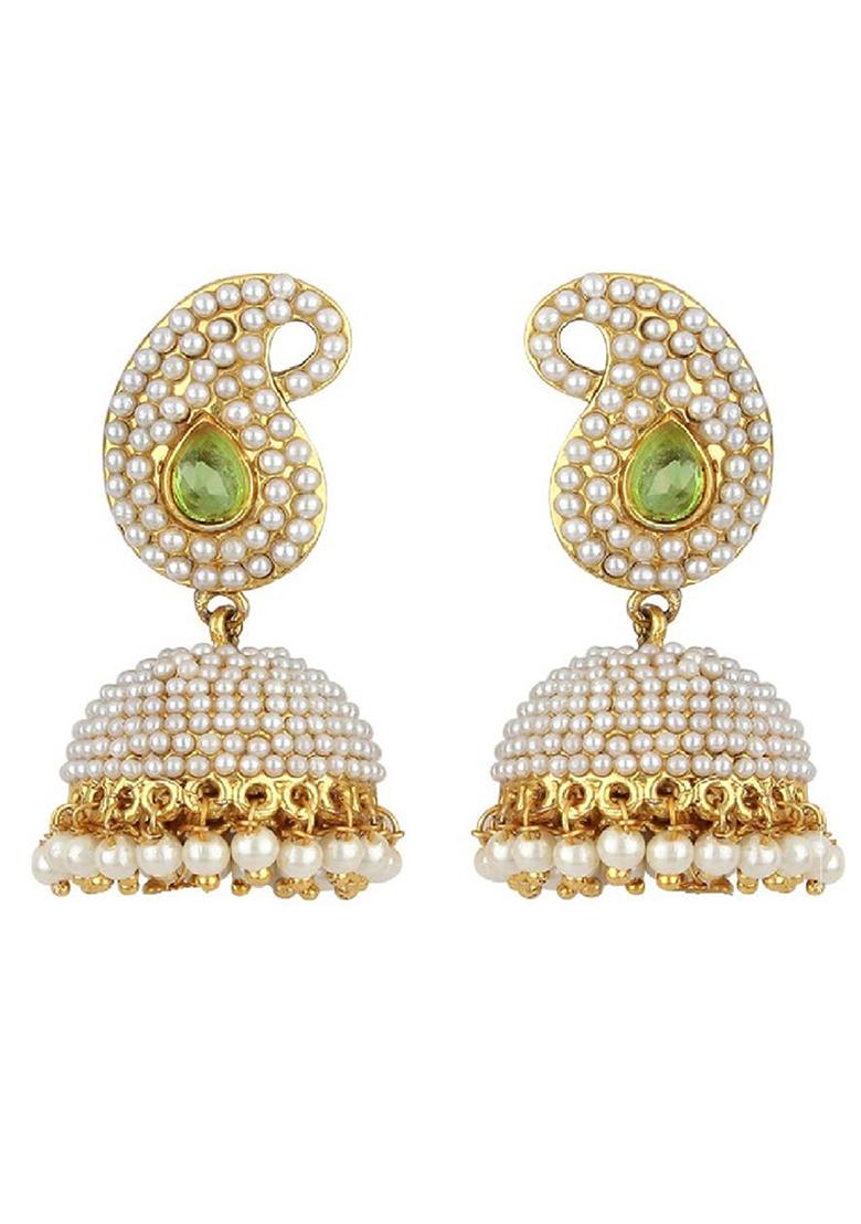 Trendy Green Stone And Pearls Studded Gold Plated Jhumka Drop Earring - Indya