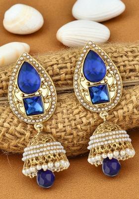Gold Plated Blue Stone And Pearls Studded Drop Jhumka Earrings