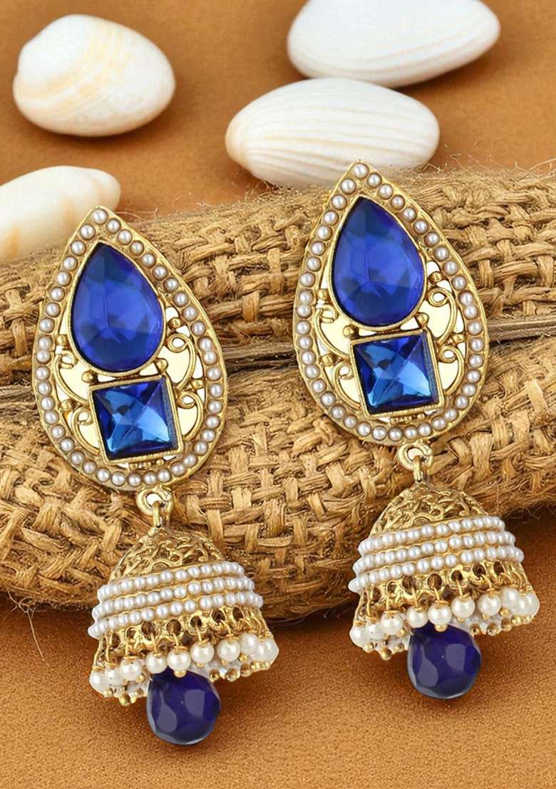 Gold Plated Blue Stone And Pearls Studded Drop Jhumka Earrings - Indya