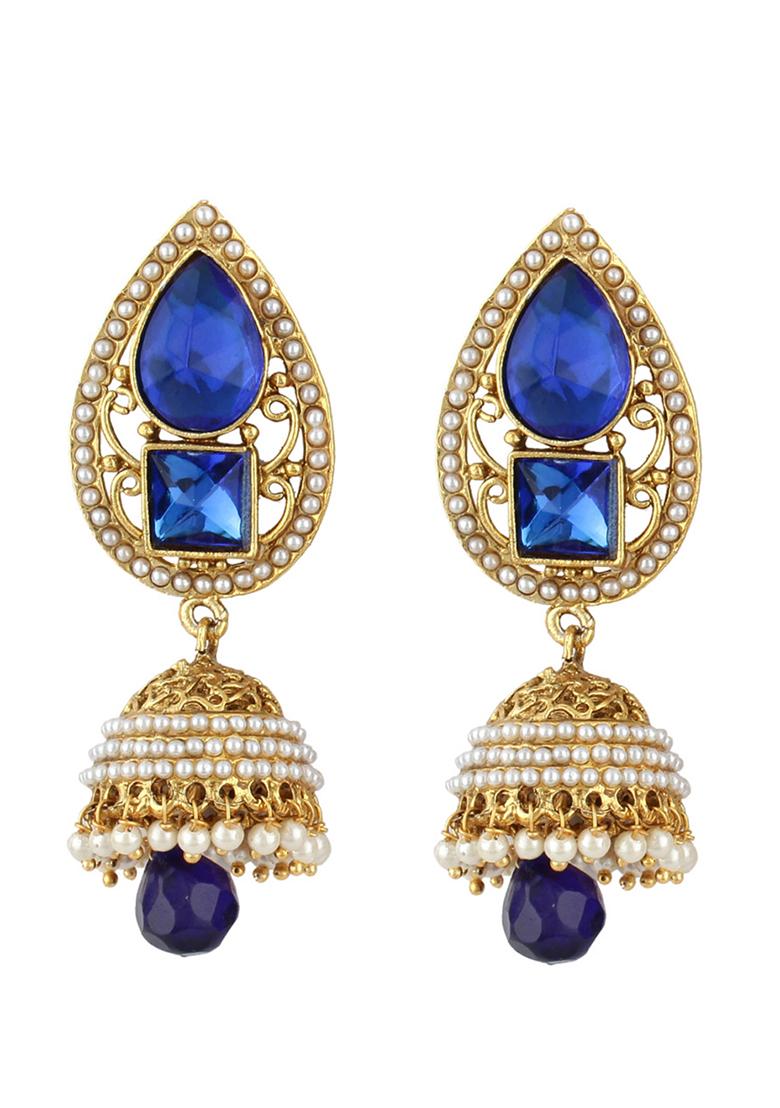 Gold Plated Blue Stone And Pearls Studded Drop Jhumka Earrings - Indya