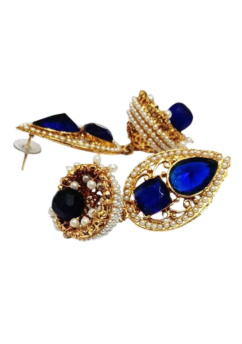 Gold Plated Blue Stone And Pearls Studded Drop Jhumka Earrings - Indya