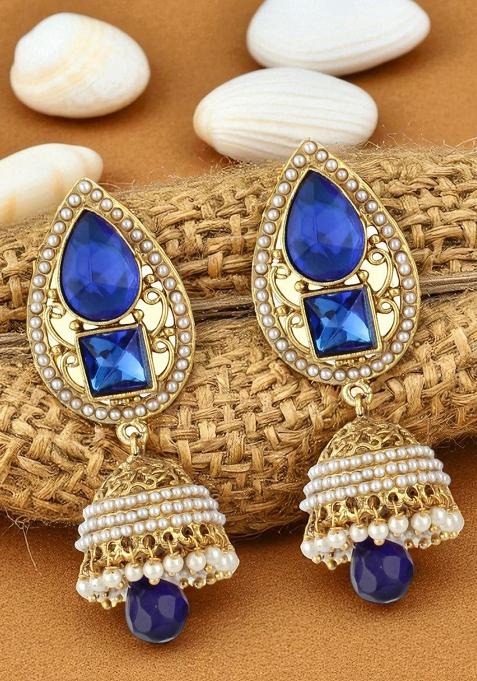 Gold Plated Blue Stone And Pearls Studded Drop Jhumka Earrings