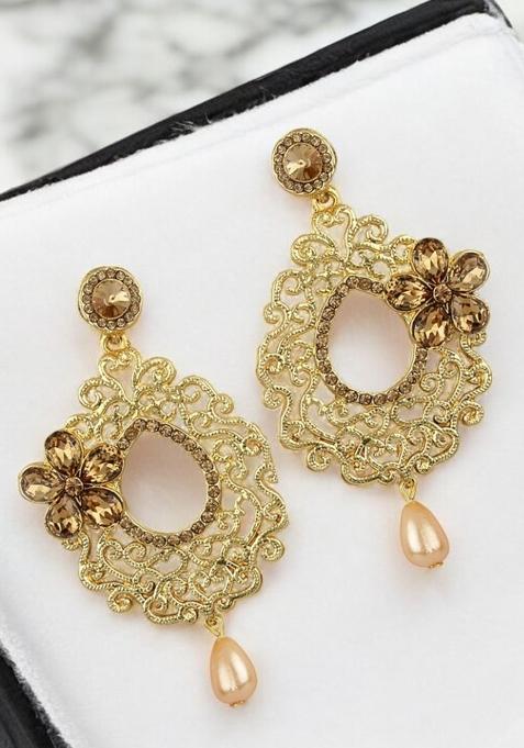 Antique Look Gold Plated Floral Pattern Cubic Zircornia Studded Drop Earring With Pearl Drop
