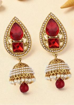 Gold Plated Red Stone And Pearls Studded Drop Jhumka Earrings