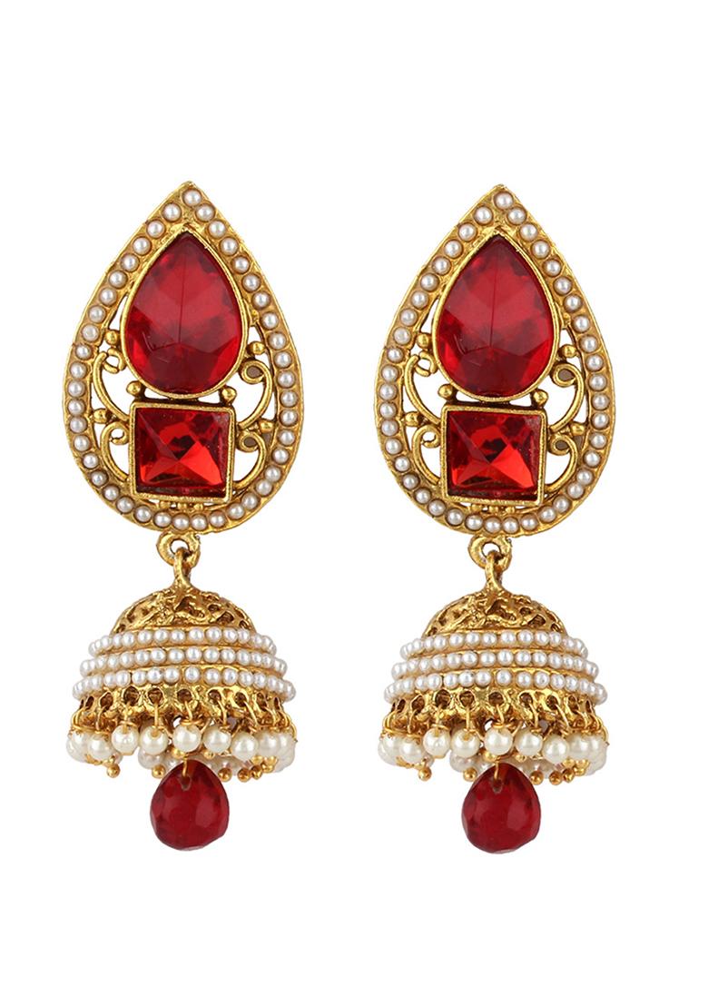 Gold Plated Red Stone And Pearls Studded Drop Jhumka Earrings - Indya