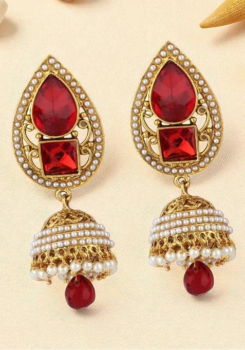 Gold Plated Red Stone And Pearls Studded Drop Jhumka Earrings