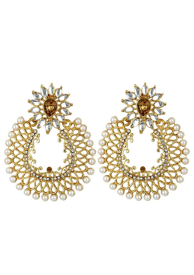 Traditional Look Floral Look Gold Plated Cubic Zircornia Studded Chandbaali Earring - Indya