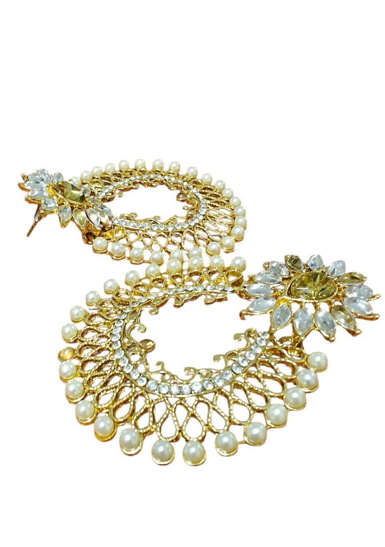 Traditional Look Floral Look Gold Plated Cubic Zircornia Studded Chandbaali Earring - Indya