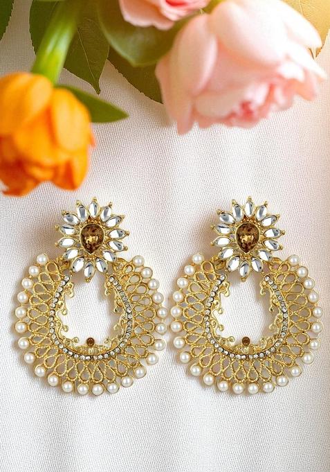 Traditional Look Floral Look Gold Plated Cubic Zircornia Studded Chandbaali Earring