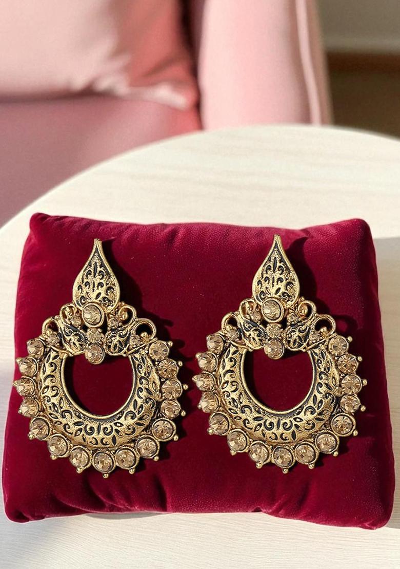 Traditional Look Floral Look Gold Plated Cubic Zircornia Studded Chandbaali Earring - Indya