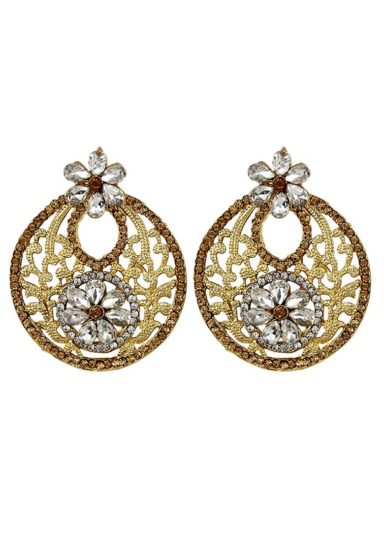 Traditional Look Floral Look Gold Plated Cubic Zircornia Studded Chandbaali Earring - Indya