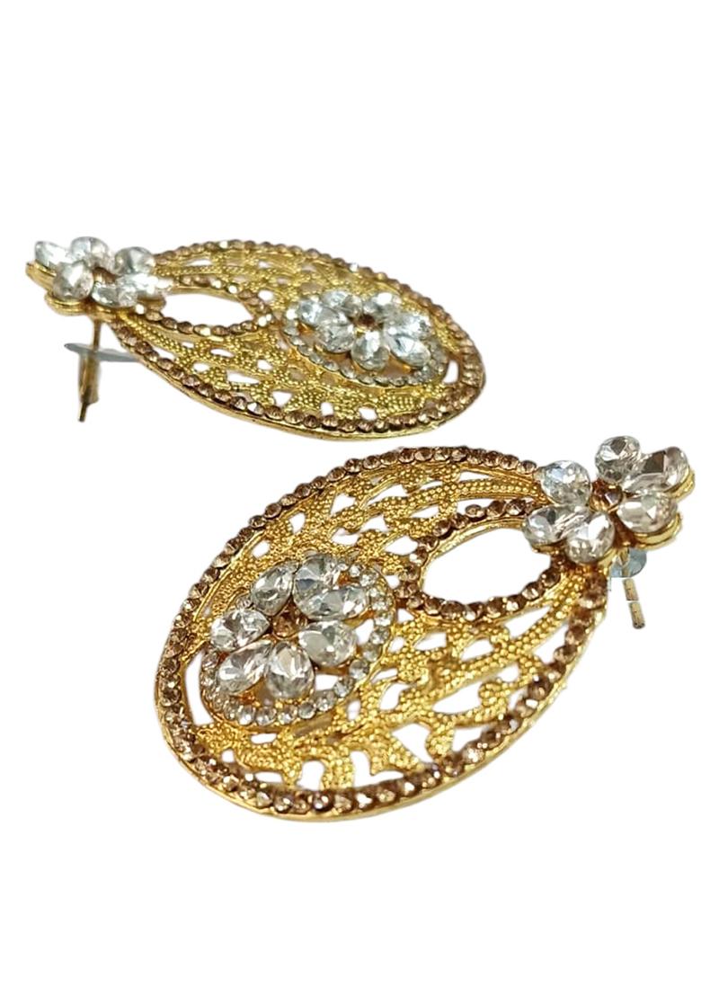 Traditional Look Floral Look Gold Plated Cubic Zircornia Studded Chandbaali Earring - Indya