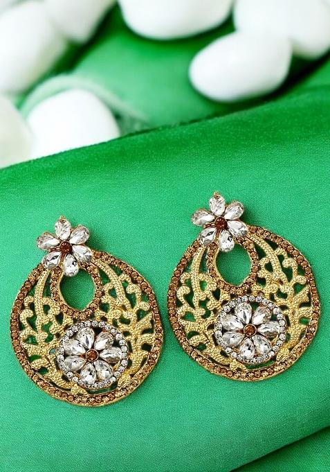 Traditional Look Floral Look Gold Plated Cubic Zircornia Studded Chandbaali Earring