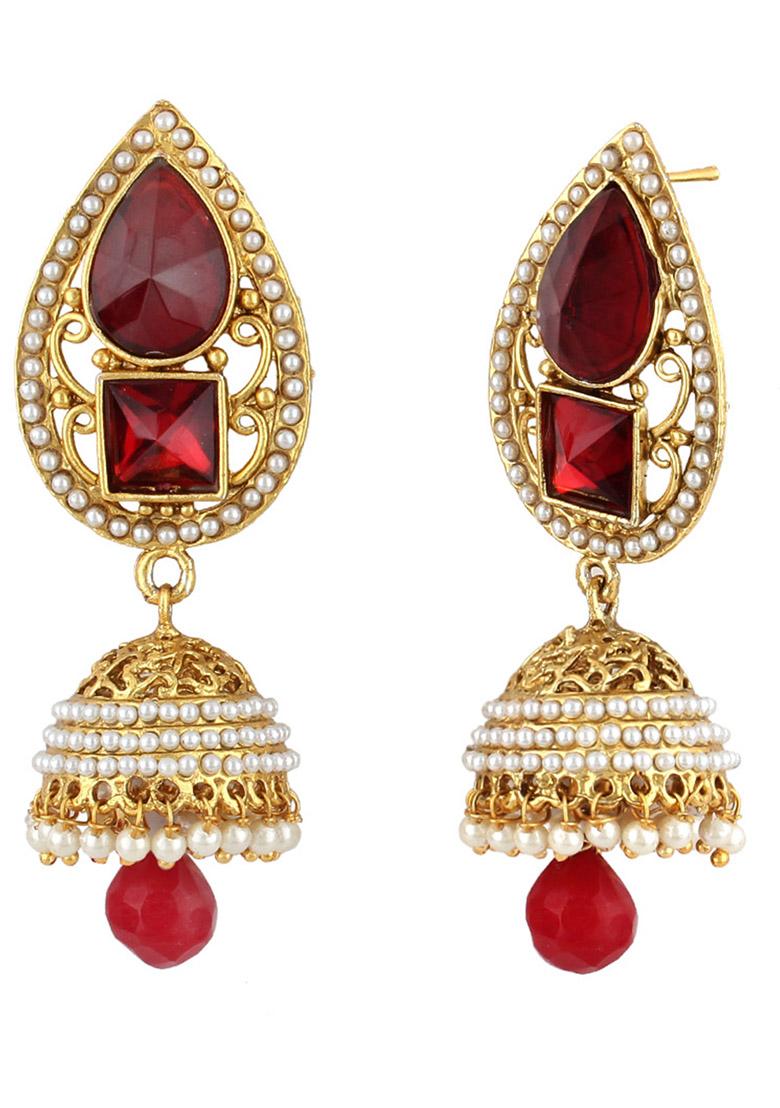 Gold Plated Maroon Stone And Pearls Studded Drop Jhumka Earrings - Indya