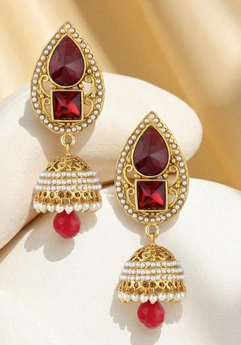 Gold Plated Maroon Stone And Pearls Studded Drop Jhumka Earrings