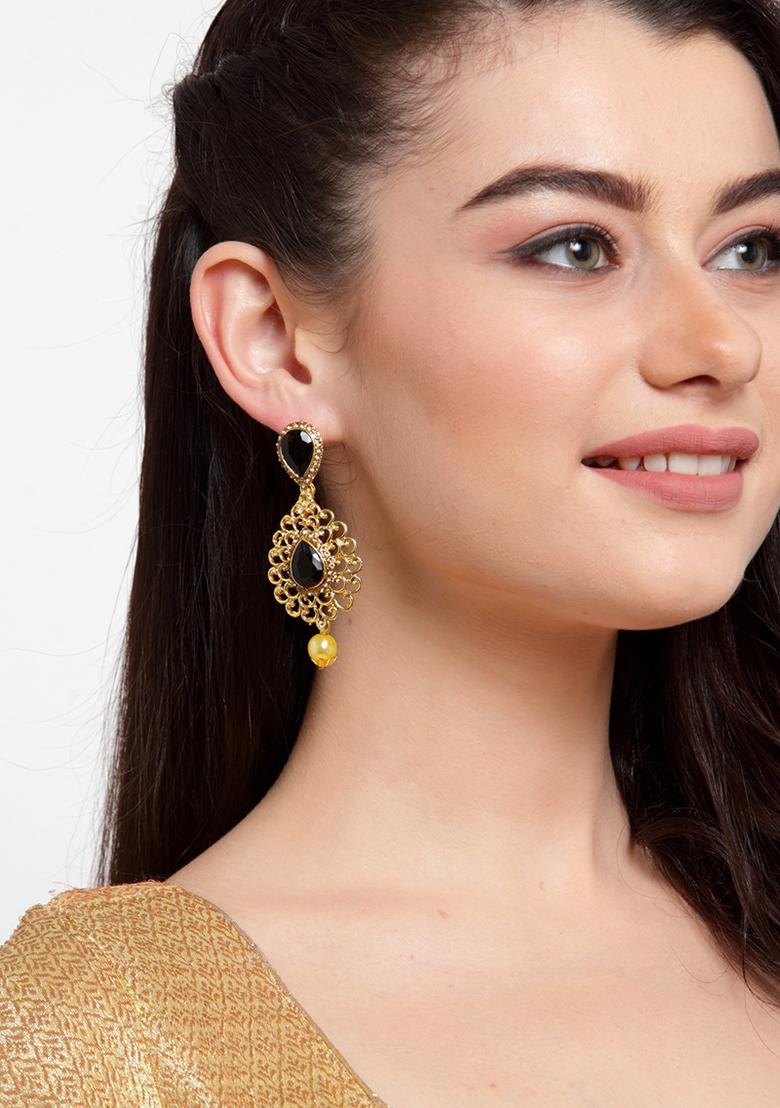 Beautifull Black And White Stone Studded With Pearl Drop Gold Plated Drop Earring - Indya
