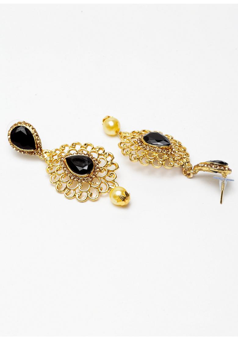 Beautifull Black And White Stone Studded With Pearl Drop Gold Plated Drop Earring - Indya