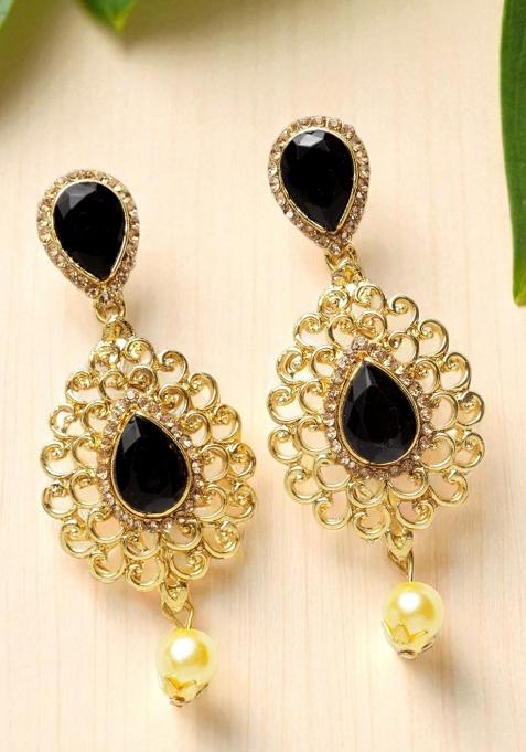 Beautifull Black And White Stone Studded With Pearl Drop Gold Plated Drop Earring