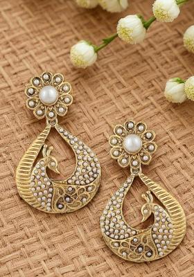 Pearl Studded Gold Plated Peacock Drop Earring Pearl Brass Drops Danglers