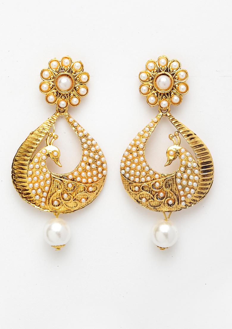 Pearl Studded Gold Plated Peacock Drop Earring Pearl Brass Drops Danglers - Indya