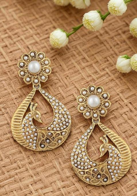 Pearl Studded Gold Plated Peacock Drop Earring Pearl Brass Drops Danglers