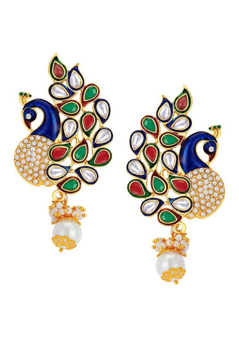 Gold Plated Cubic Zircornia Studded Stylish Multicolor Peacock Drop Earring - Indya