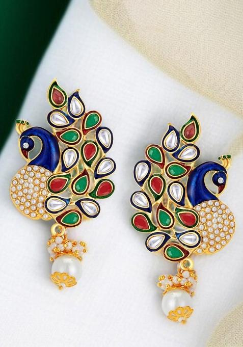 Gold Plated Cubic Zircornia Studded Stylish Multicolor Peacock Drop Earring