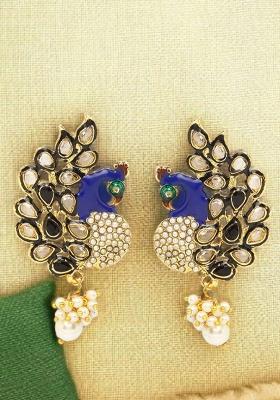 Gold Plated Cubic Zircornia Studded Stylish Black Peacock Drop Earring