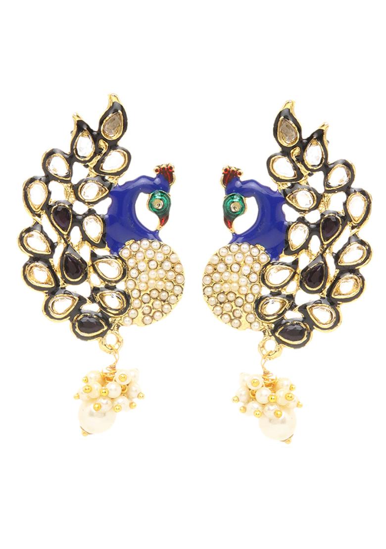 Gold Plated Cubic Zircornia Studded Stylish Black Peacock Drop Earring - Indya