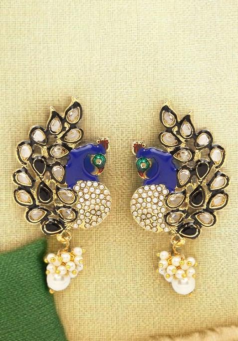 Gold Plated Cubic Zircornia Studded Stylish Black Peacock Drop Earring