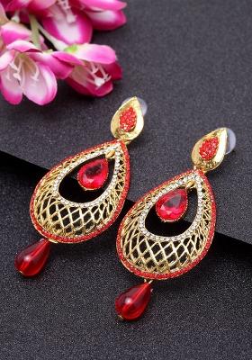 Elegant Gold Plated White Cubic Zircornia Studded And Red Drops Drop Earrings
