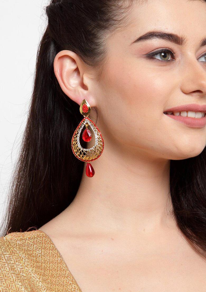 Elegant Gold Plated White Cubic Zircornia Studded And Red Drops Drop Earrings - Indya