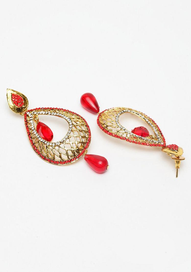 Elegant Gold Plated White Cubic Zircornia Studded And Red Drops Drop Earrings - Indya