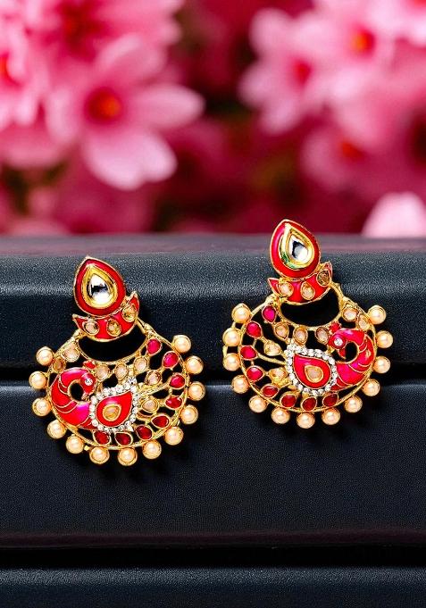 Trendy Magenta Enameled Stone And Pearl Studded Peacock Drop Earrings