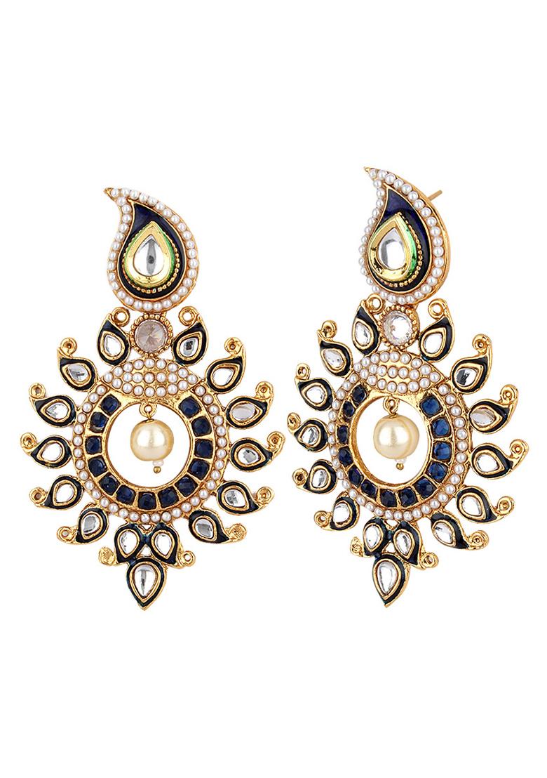 Elegant Look Blue Enamelled Stone And Pearl Studded Drop Earrings - Indya