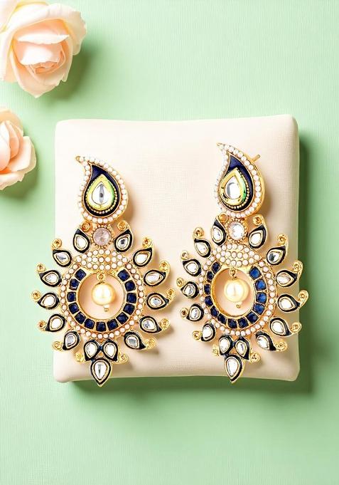 Elegant Look Blue Enamelled Stone And Pearl Studded Drop Earrings