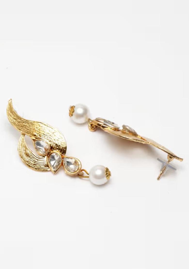 Designer White Cubic Zircornia Studded Gold Plated Drop Earring With Pearl Drops - Indya